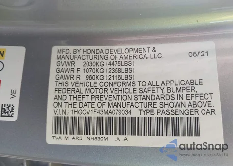 2021 Honda Accord Sport Special Edition из США, поврежденный, VIN 1HGCV1F43MA079034